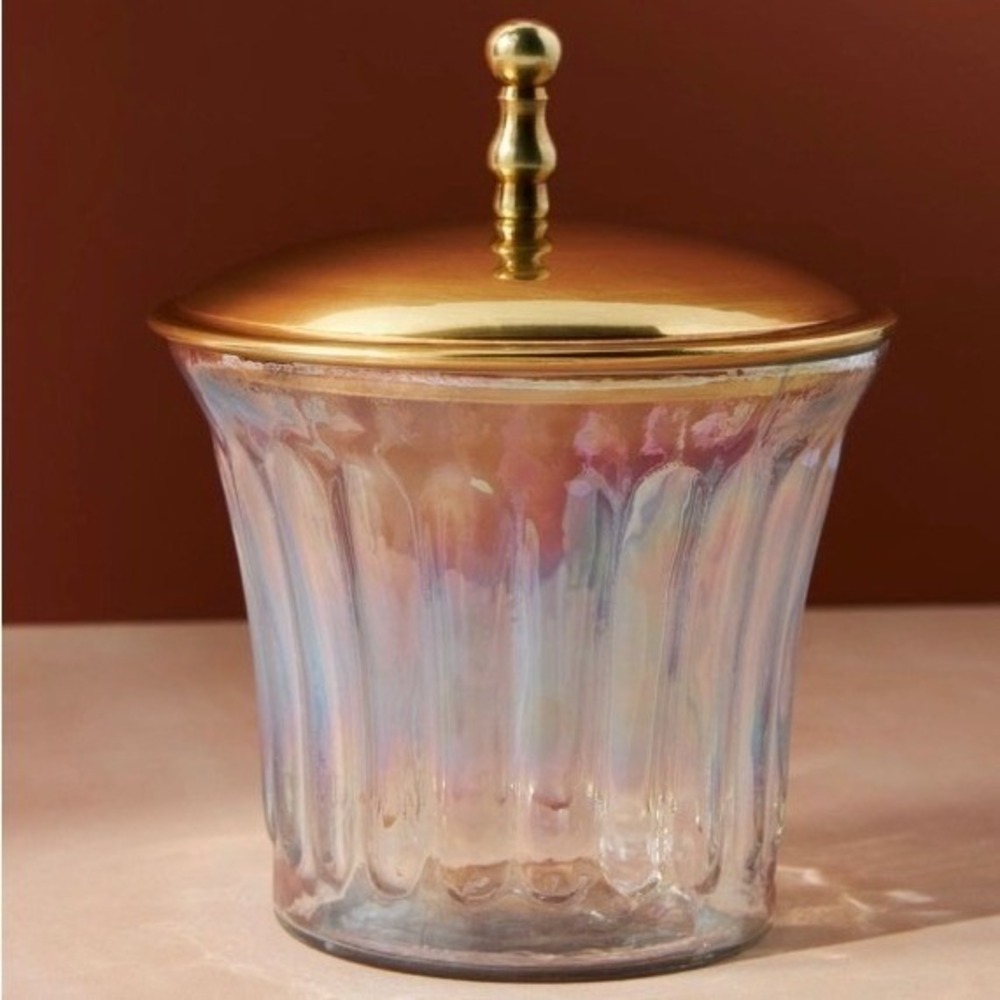 Anthropologie Lustrous Canister Iridescent Glass Gold Lid Vanity Jar NWT